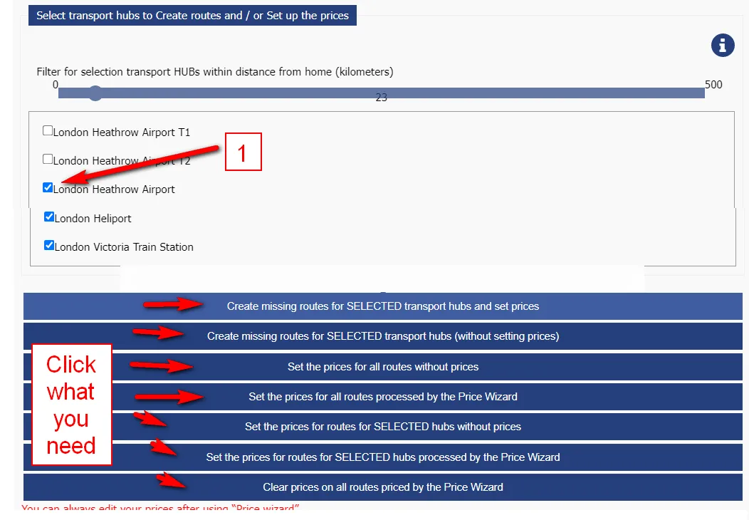 Price Wizard add routes and set up the prices